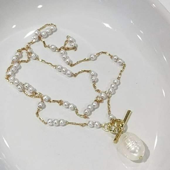 Gold Plated Cultured Baroque Freshwater Pearl‎ Pendant Necklace Toggle Clasp - Picture 1 of 16
